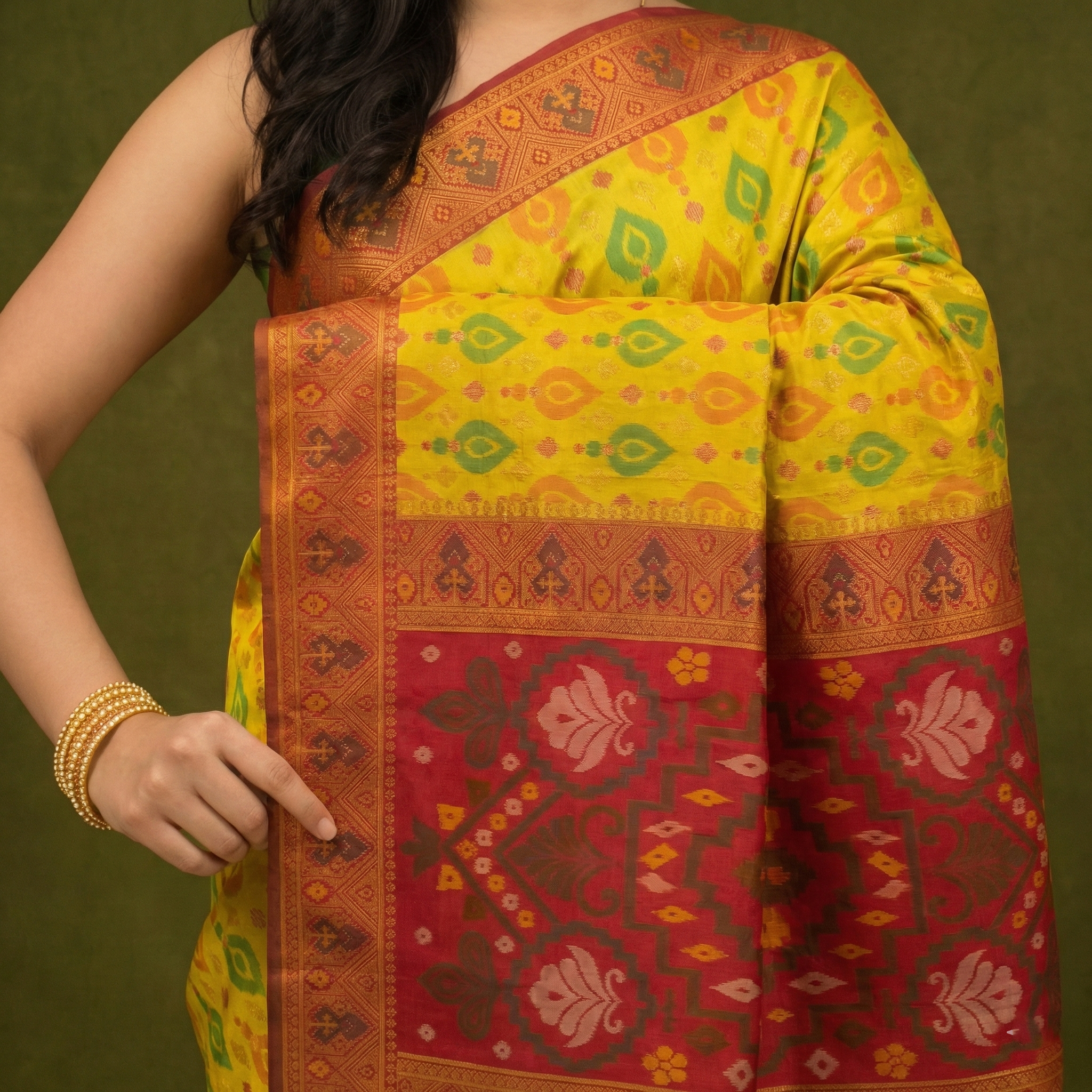 Sunshine Yellow & Gold Pochampally Ikkat Silk Saree
