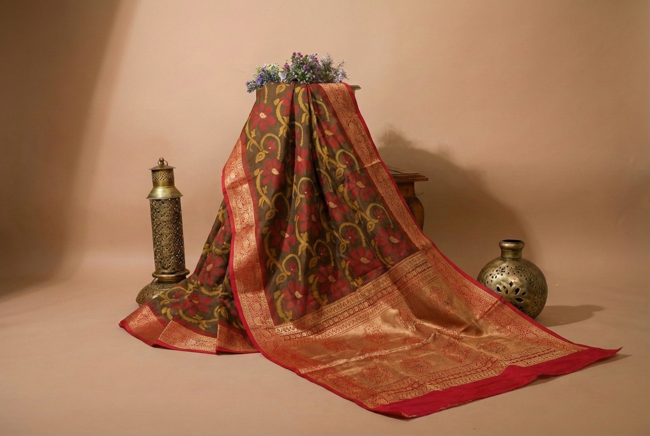 PI 03 Olive Green & Red Zari Floral Silk Saree