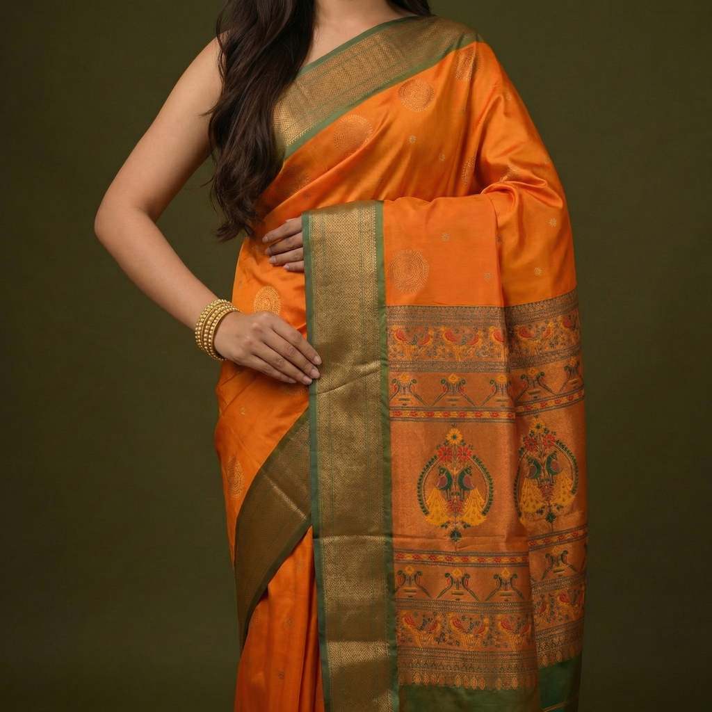 Mustard Orange & Green Paithani Soft Silk Saree
