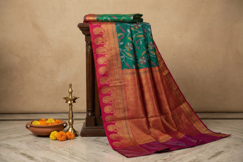 Bright Teal & Red Ikkat Woven Soft Silk Saree