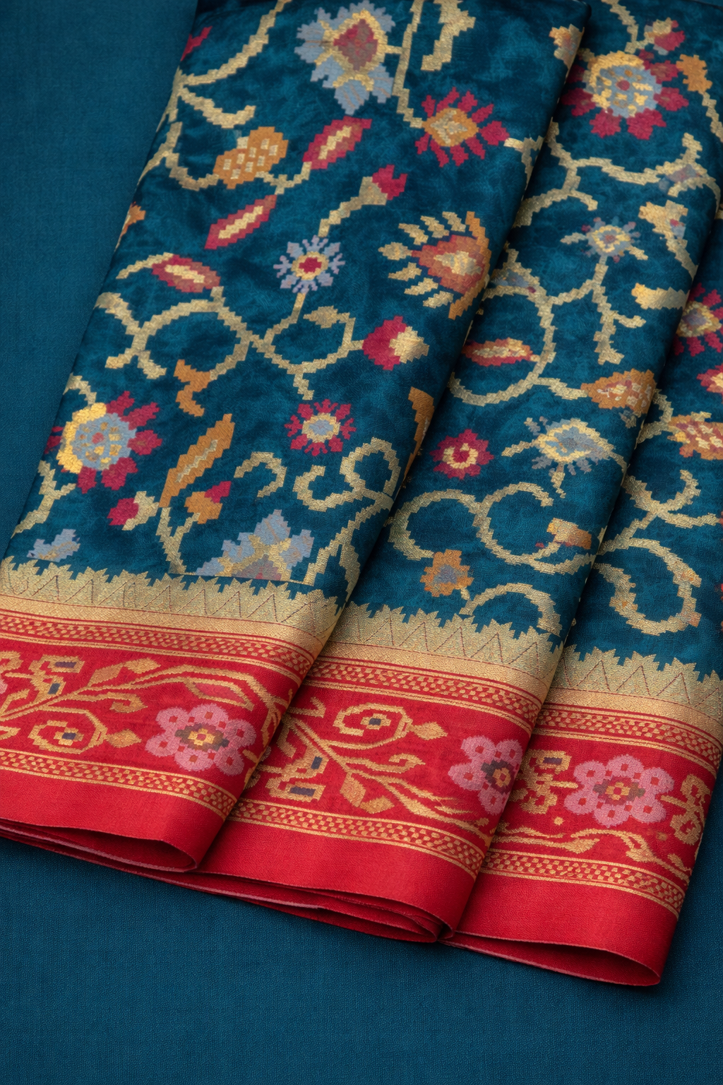 Peacock Blue & Red Border Pochampally Ikat Soft Silk Saree