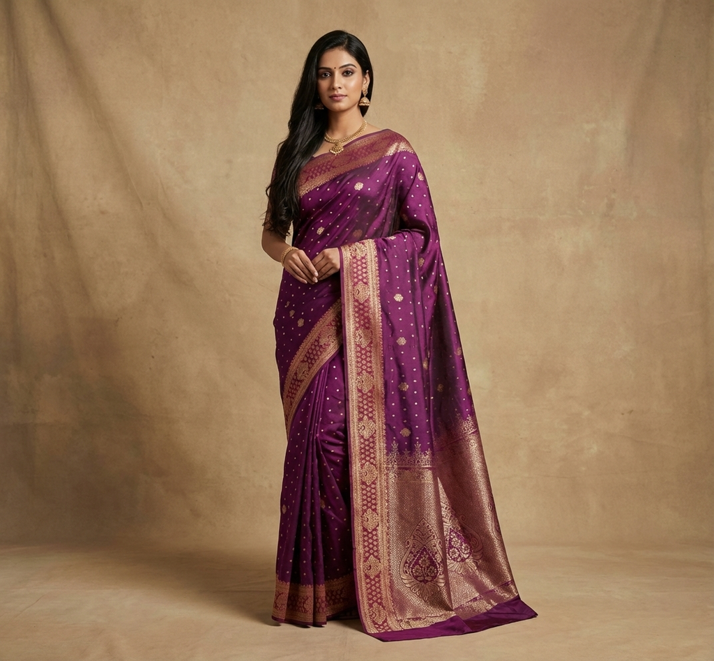 Wine Purple & Red Resham Silk Saree With Traditional Zari Border - No. AA2602