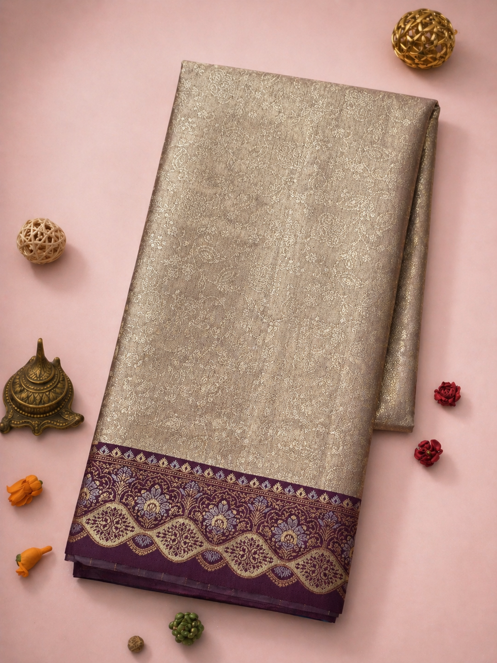 Silver-Beige Soft Silk Kanjivaram Saree with Deep Purple Floral Medallion Border