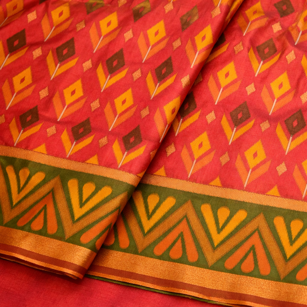 PIK-009 – Coral Red & Olive Pochampally Ikkat Silk Saree