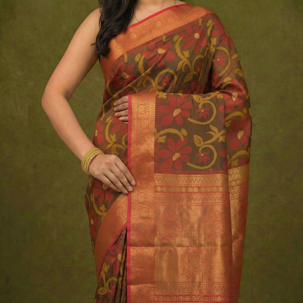 PI 03 Olive Green & Red Zari Floral Silk Saree