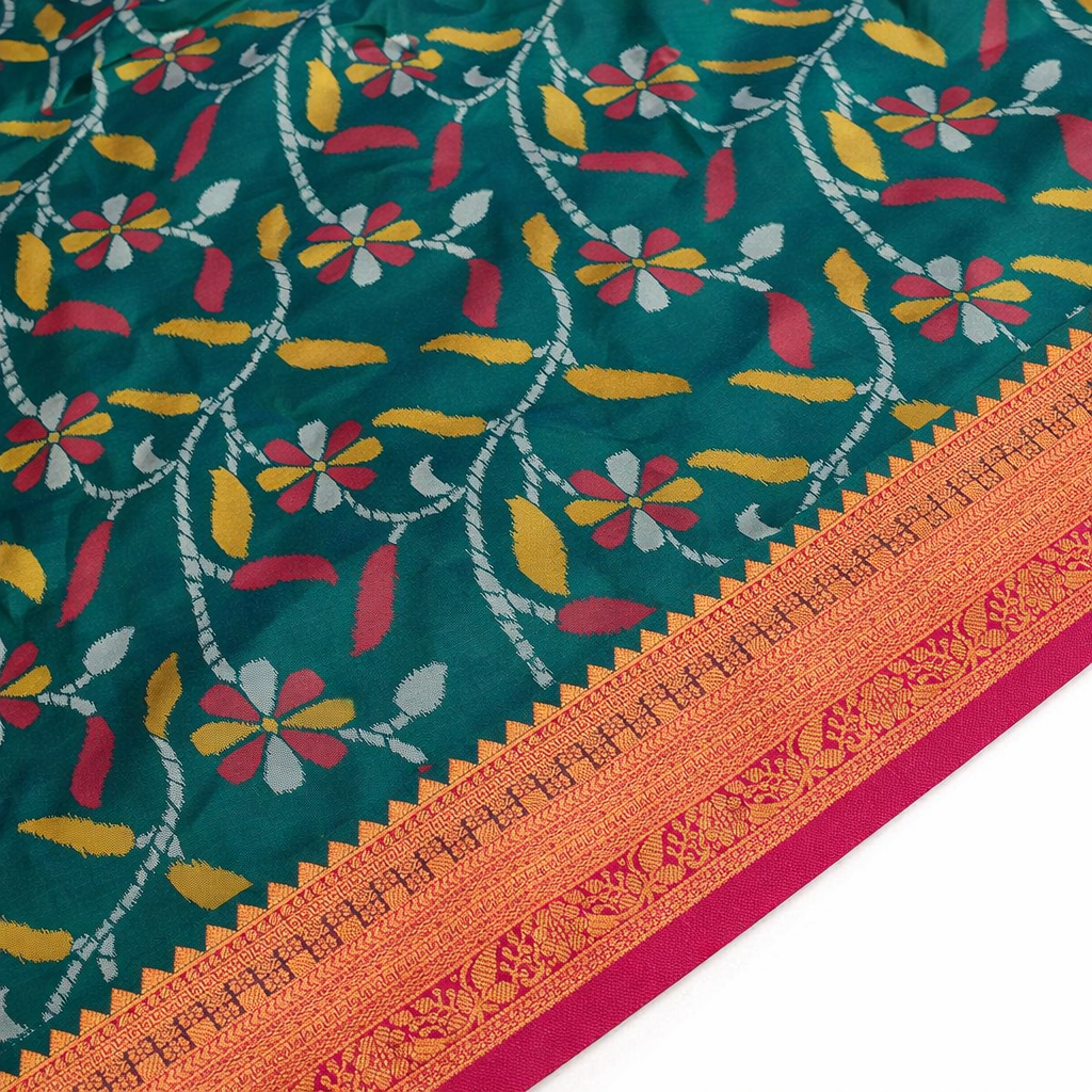 Bright Teal & Red Ikkat Woven Soft Silk Saree