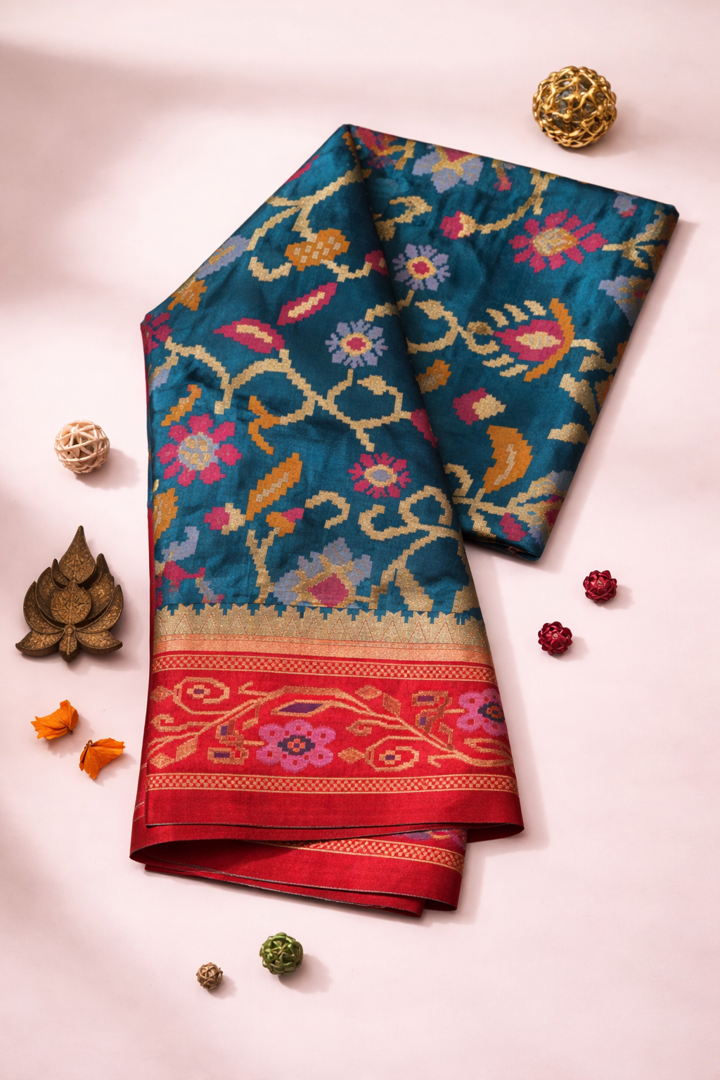 Peacock Blue & Red Border Pochampally Ikat Soft Silk Saree