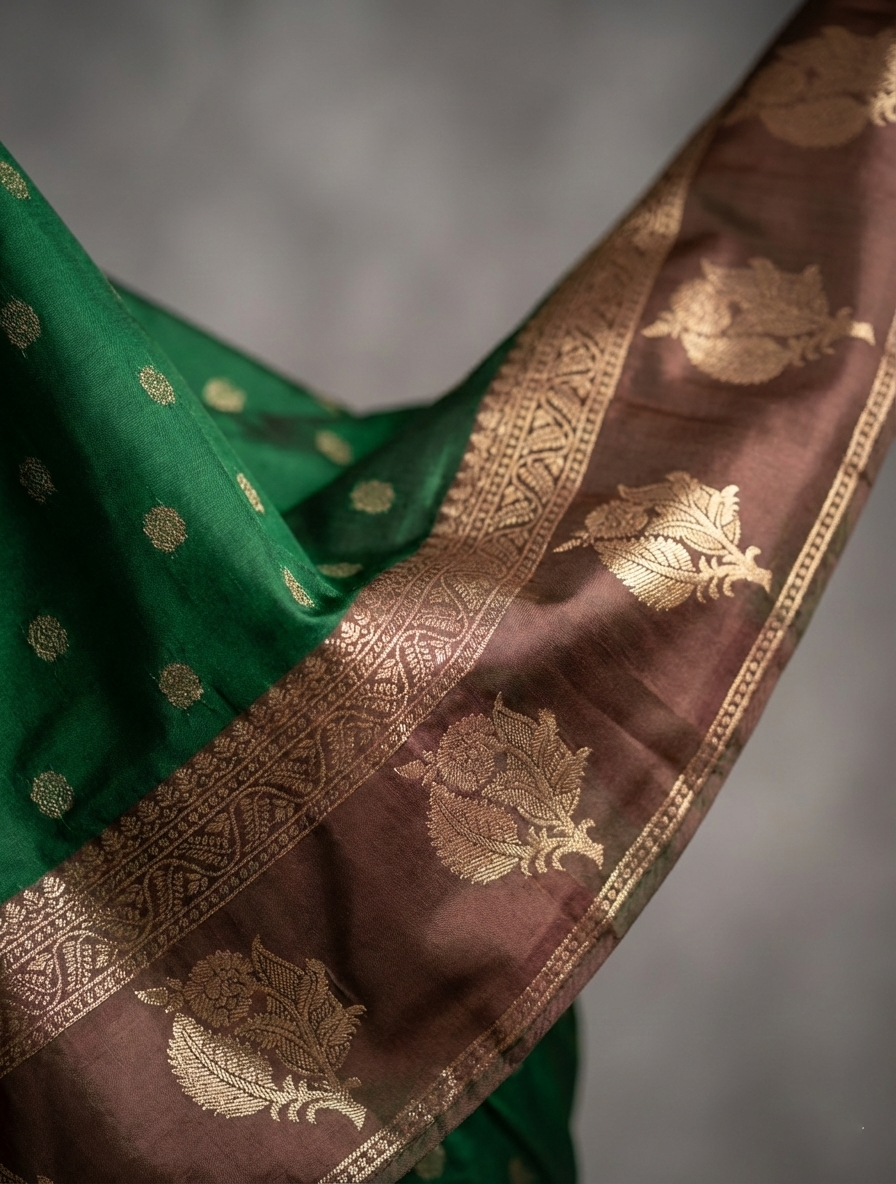 Elegant Bottle Green Resham Silk Saree with Antique Zari Border Round Butta