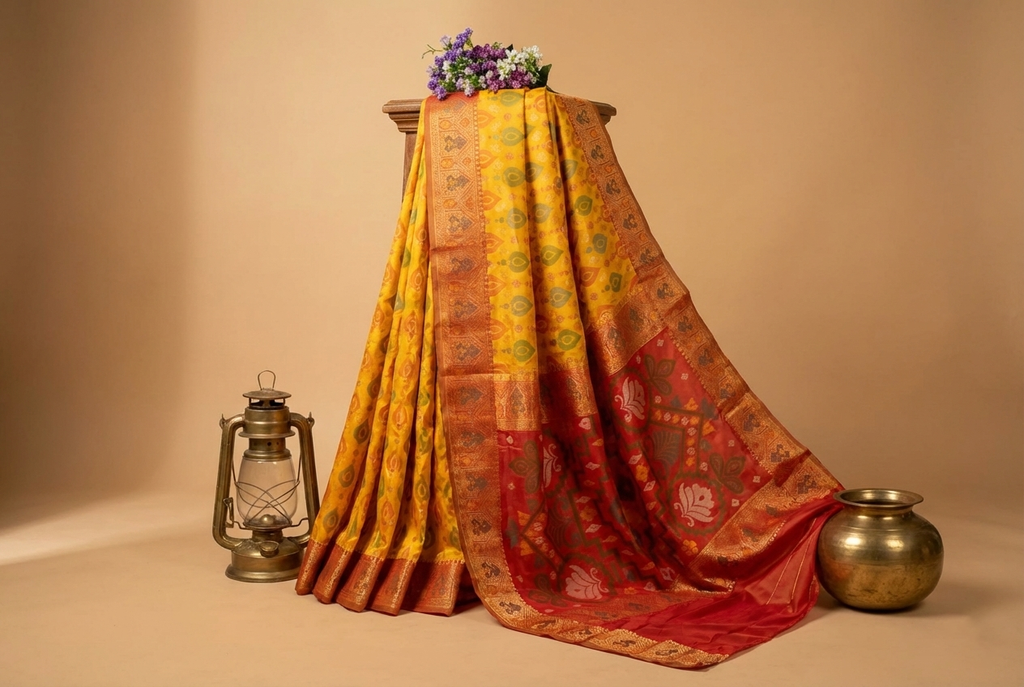 Sunshine Yellow & Gold Pochampally Ikkat Silk Saree