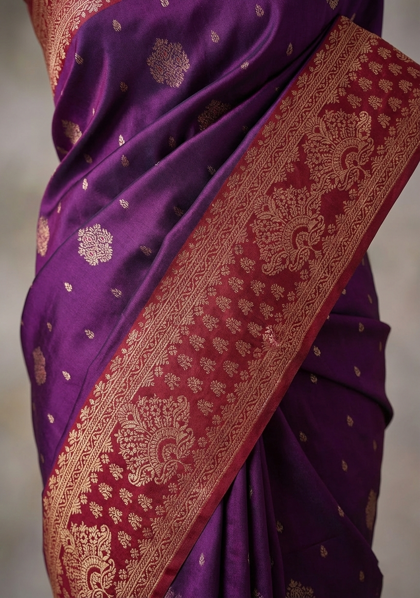 Wine Purple & Red Resham Silk Saree With Traditional Zari Border - No. AA2602