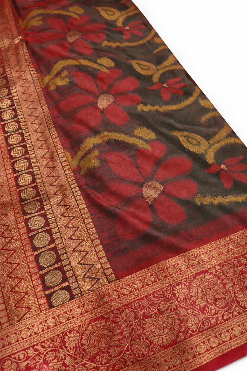 PI 03 Olive Green & Red Zari Floral Silk Saree