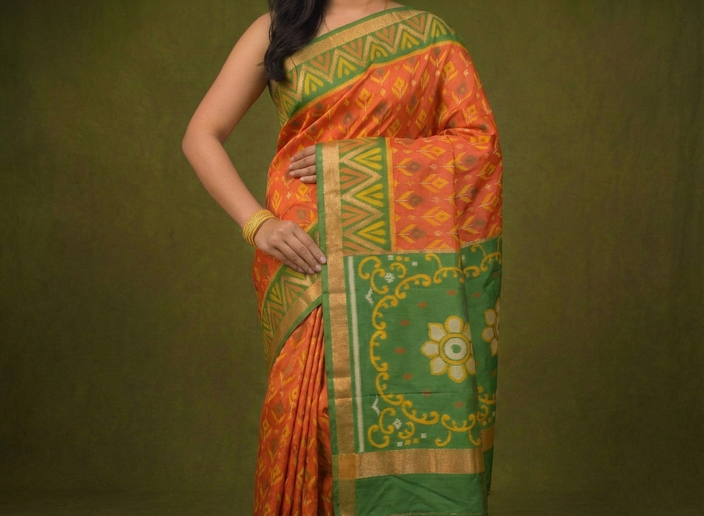 PIK-009 – Coral Red & Olive Pochampally Ikkat Silk Saree