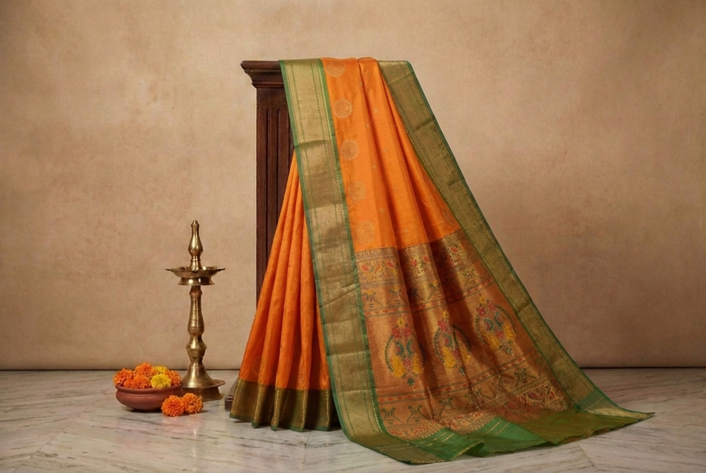 Mustard Orange & Green Paithani Soft Silk Saree