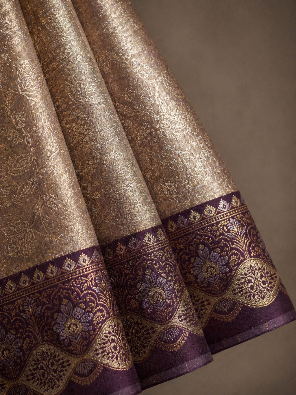 Silver-Beige Soft Silk Kanjivaram Saree with Deep Purple Floral Medallion Border