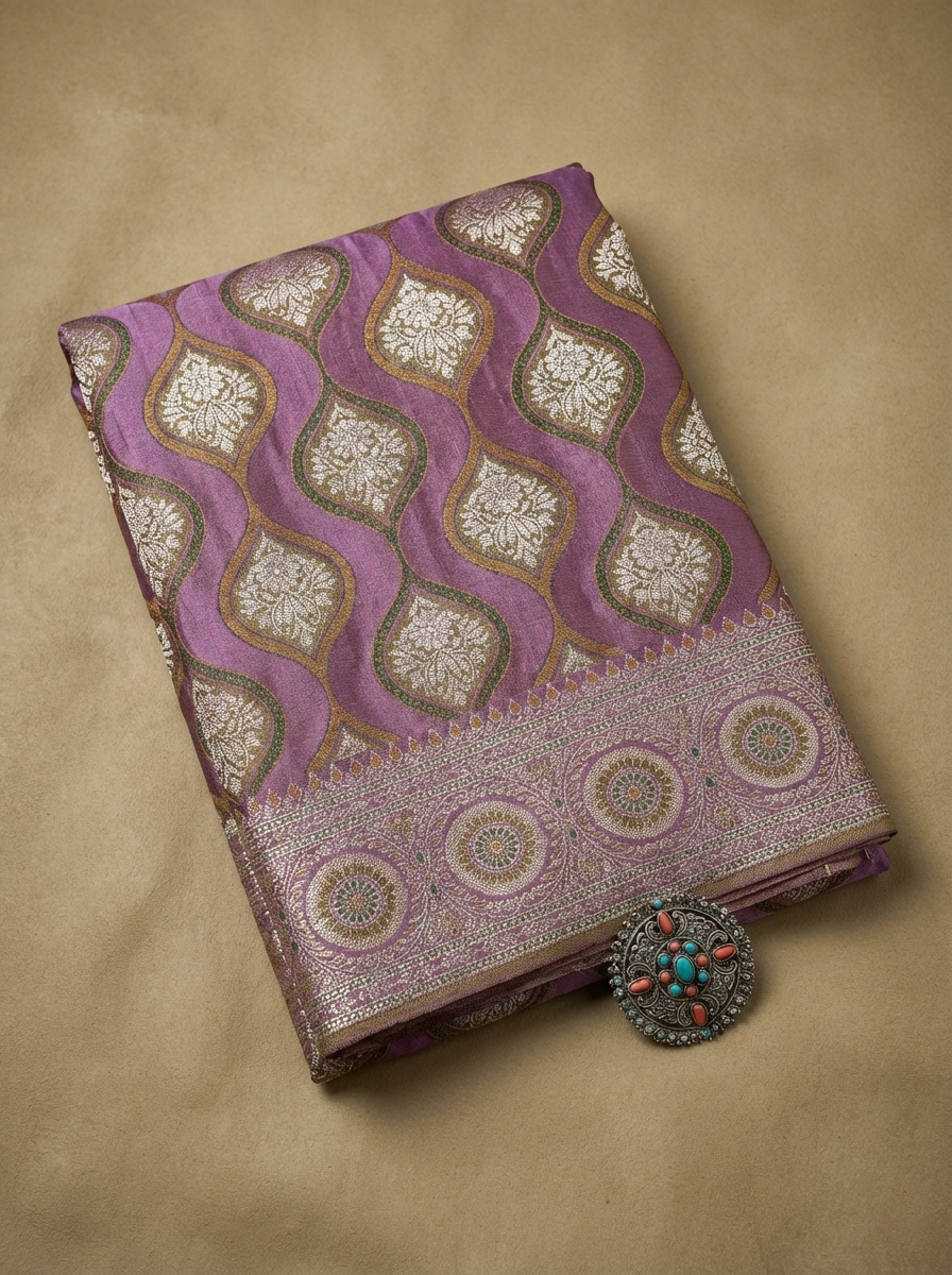 Lavender Pink Banarasi Satin Silk Saree with Elegant Zari Weaving