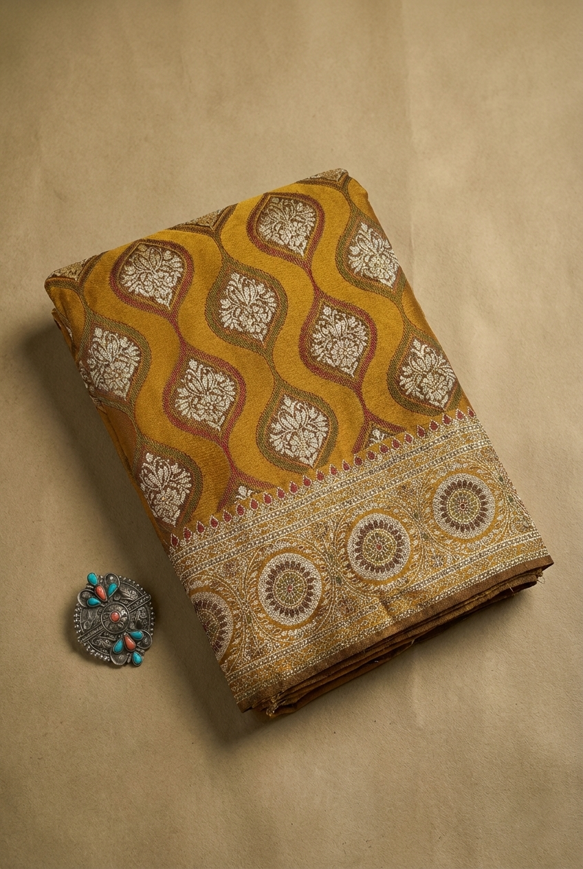Mustard Yellow Banarasi Satin Silk Saree with Traditional Circular Zari Border