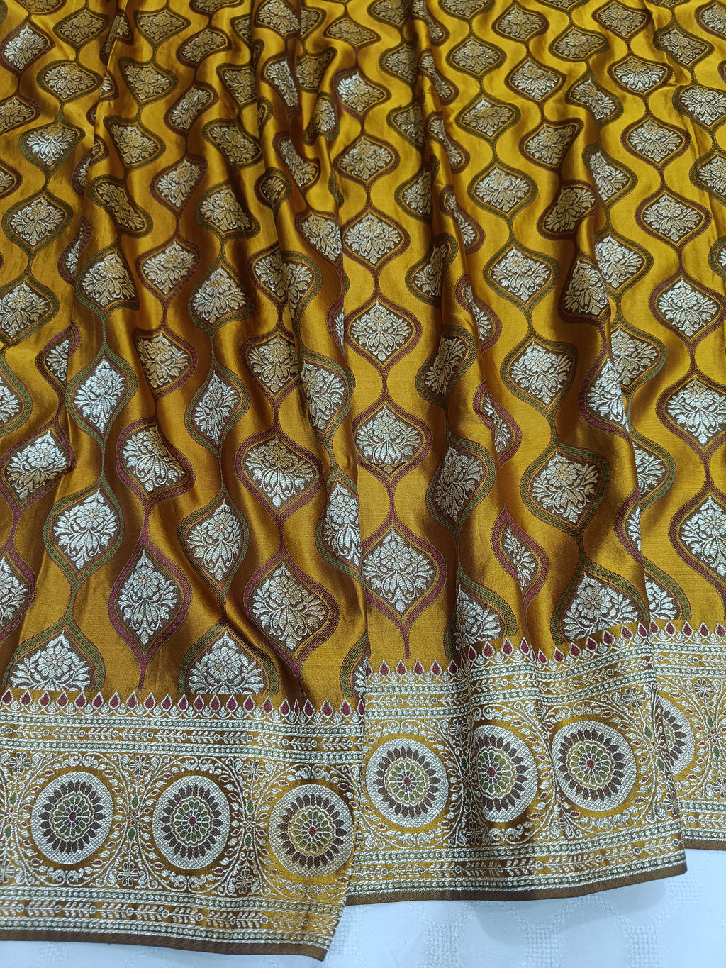 Mustard Yellow Banarasi Satin Silk Saree with Traditional Circular Zari Border