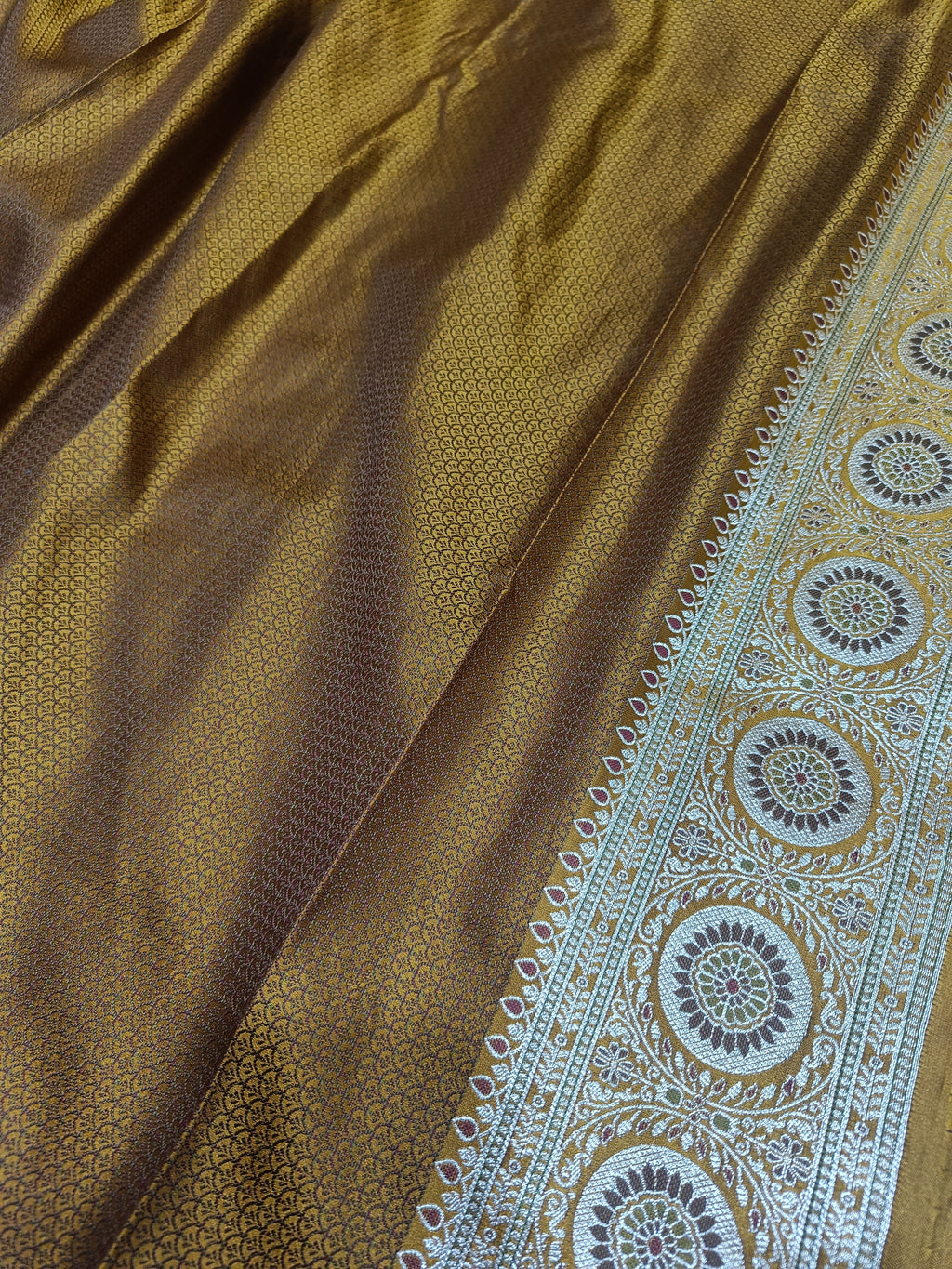Mustard Yellow Banarasi Satin Silk Saree with Traditional Circular Zari Border