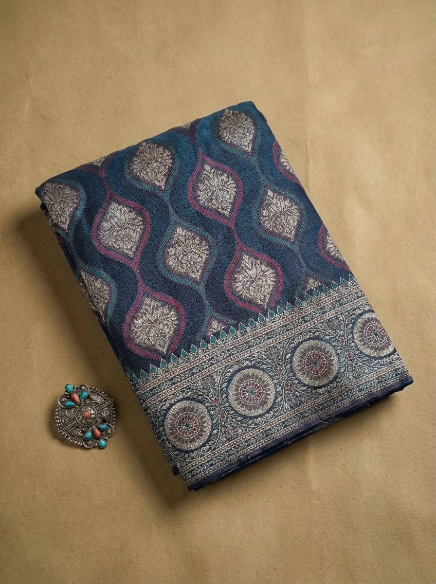 Deep Teal Blue Banarasi Satin Silk Saree with Rich Woven Zari Pallu