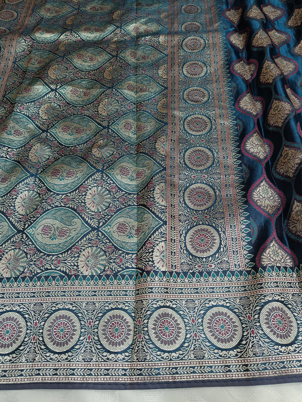 Deep Teal Blue Banarasi Satin Silk Saree with Rich Woven Zari Pallu
