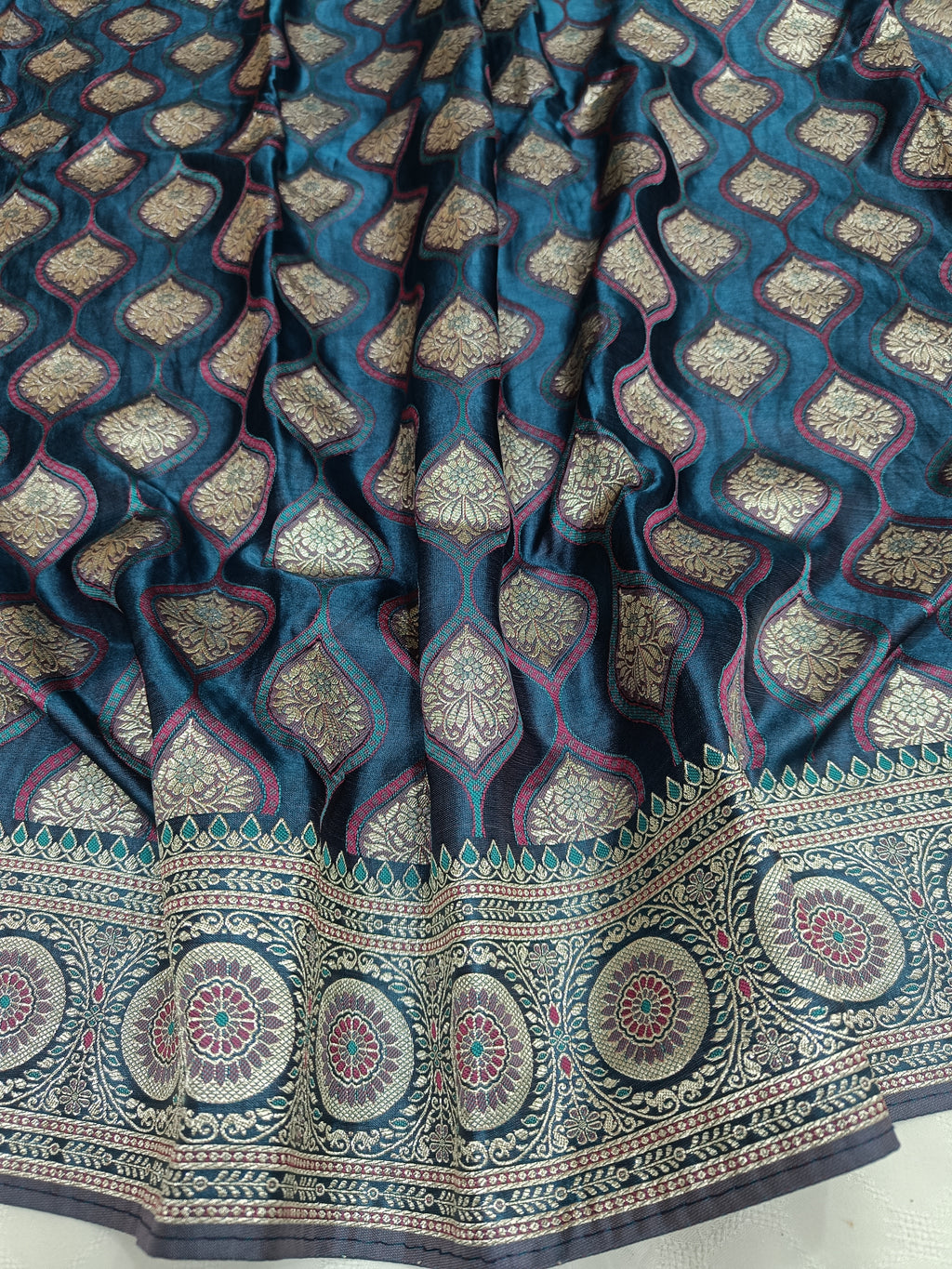 Deep Teal Blue Banarasi Satin Silk Saree with Rich Woven Zari Pallu