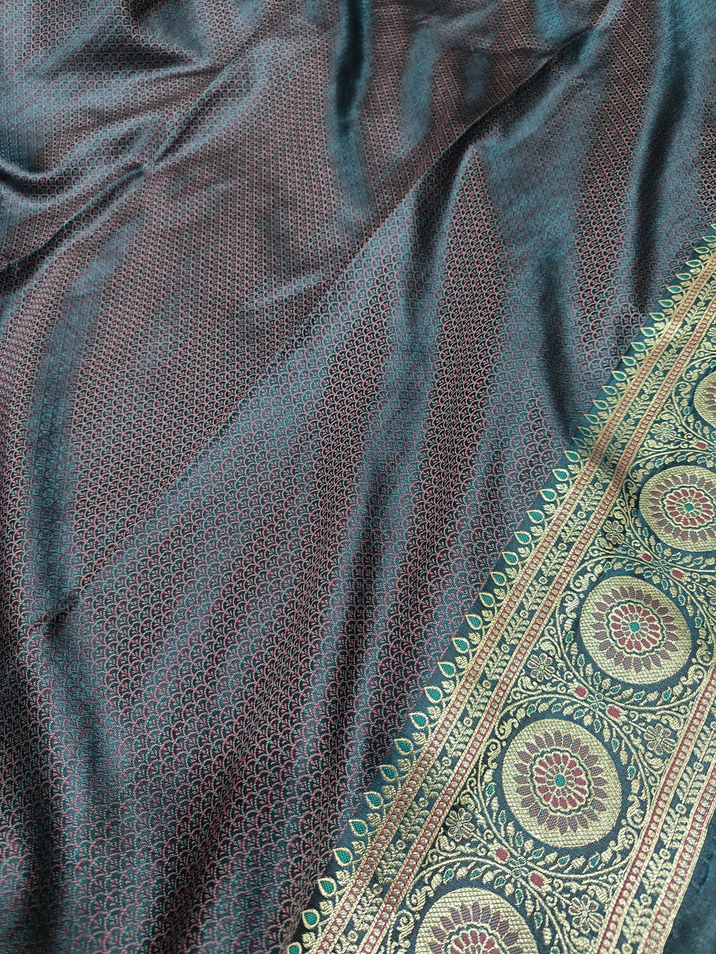 Deep Teal Blue Banarasi Satin Silk Saree with Rich Woven Zari Pallu