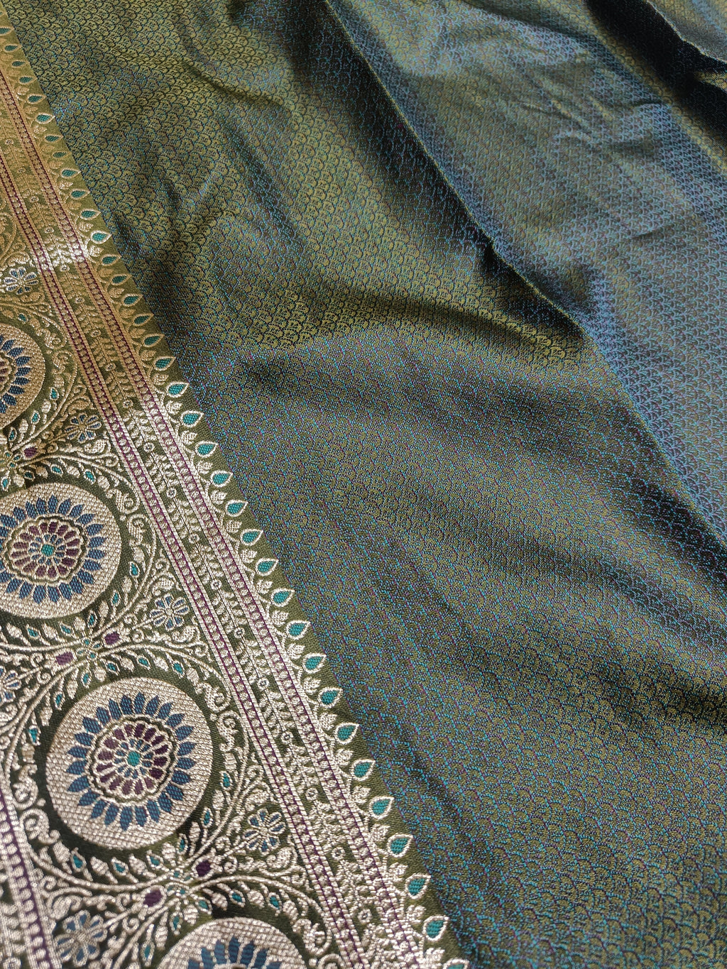 Olive Green Banarasi Satin Silk Saree with Artistic Zari Motifs