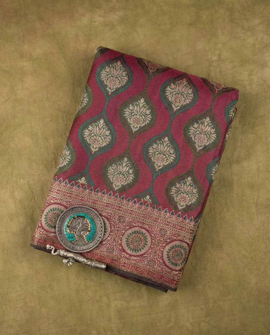 Wine Maroon Banarasi Satin Silk Saree with Grand Ornamental Border