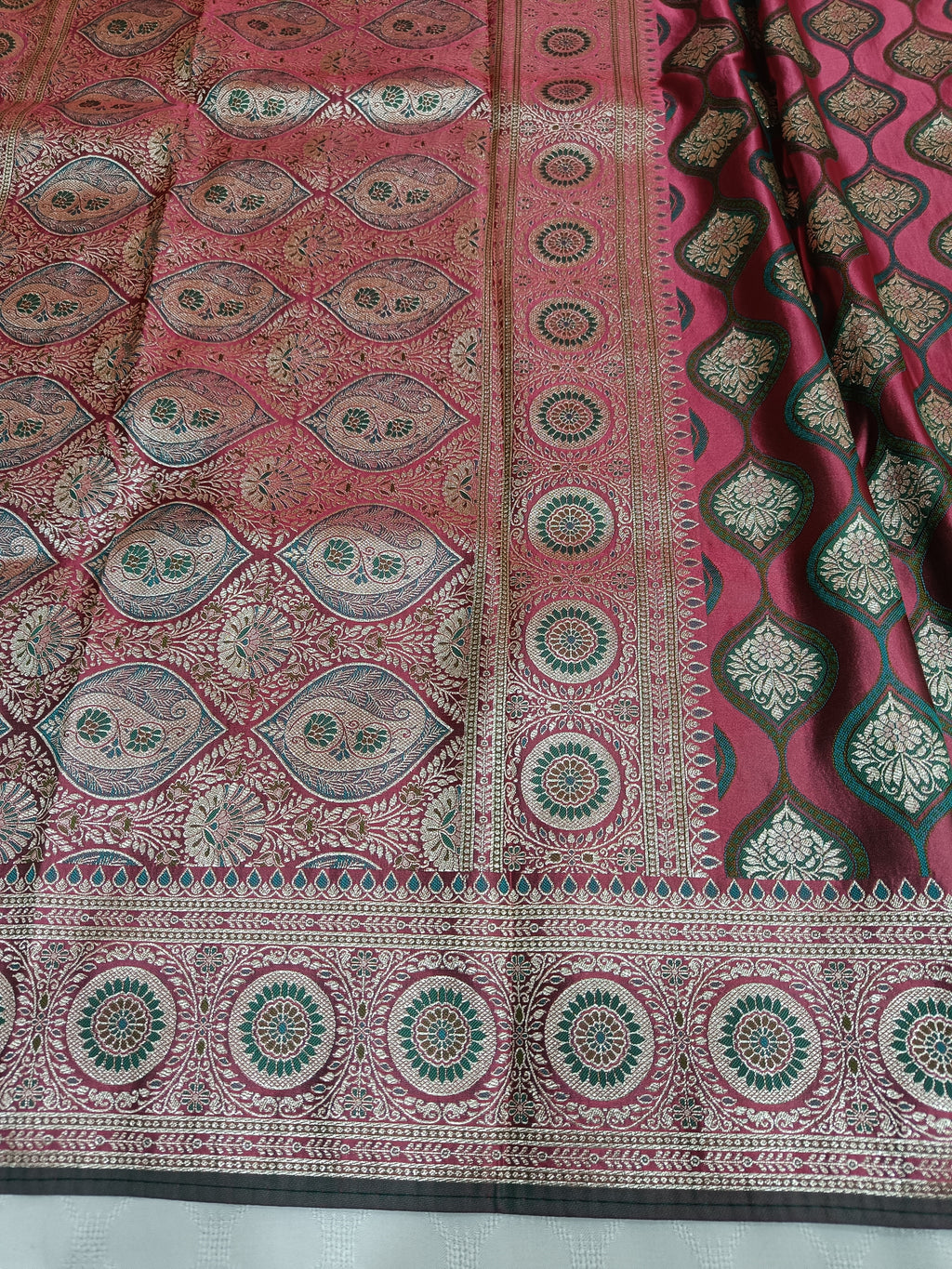 Wine Maroon Banarasi Satin Silk Saree with Grand Ornamental Border