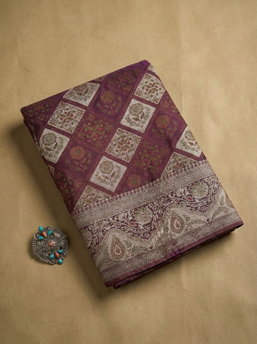 Plum Purple Banarasi Satin Silk Saree with Classic Floral Weaving