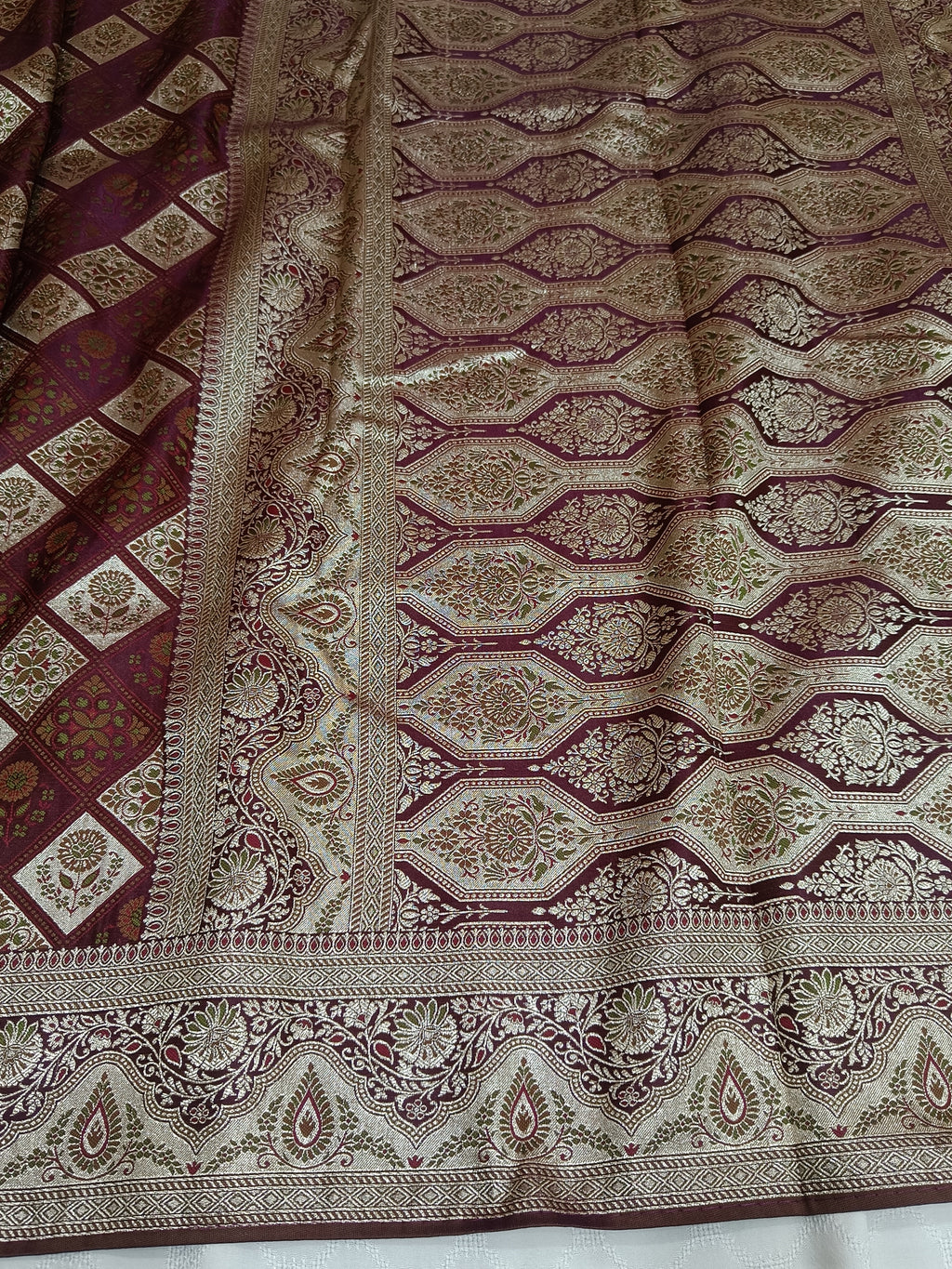Plum Purple Banarasi Satin Silk Saree with Classic Floral Weaving