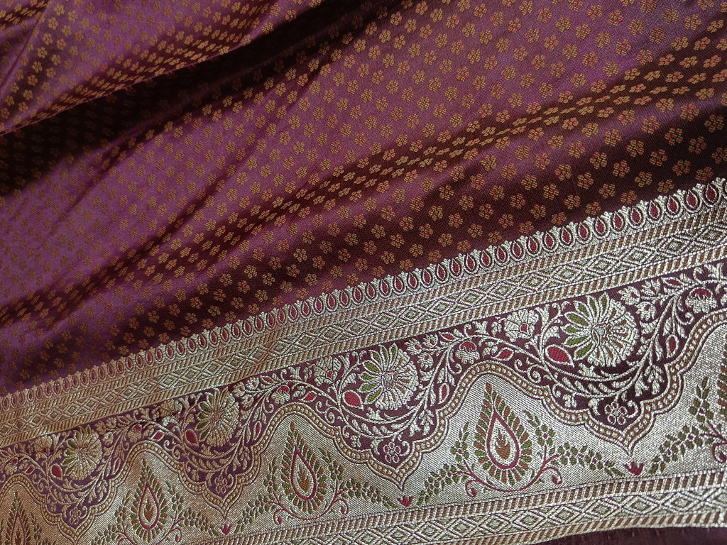 Plum Purple Banarasi Satin Silk Saree with Classic Floral Weaving