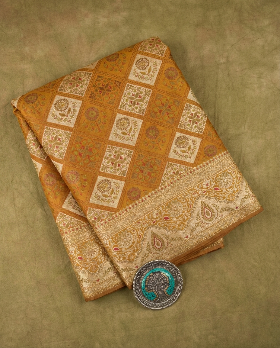 Golden Mustard Banarasi Satin Silk Saree with Heritage Inspired Zari Border