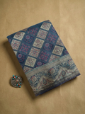 Steel Blue Banarasi Satin Silk Saree with Intricate Square Floral Weaving