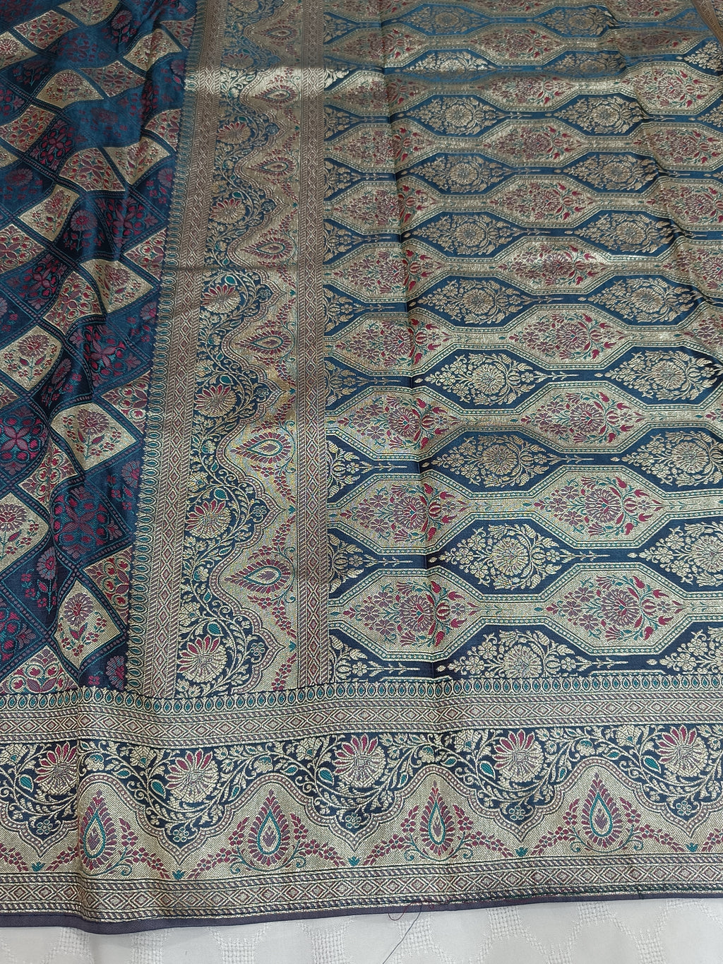 Steel Blue Banarasi Satin Silk Saree with Intricate Square Floral Weaving