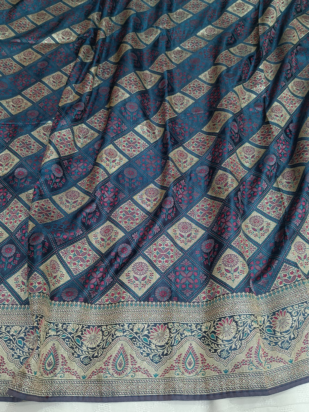 Steel Blue Banarasi Satin Silk Saree with Intricate Square Floral Weaving