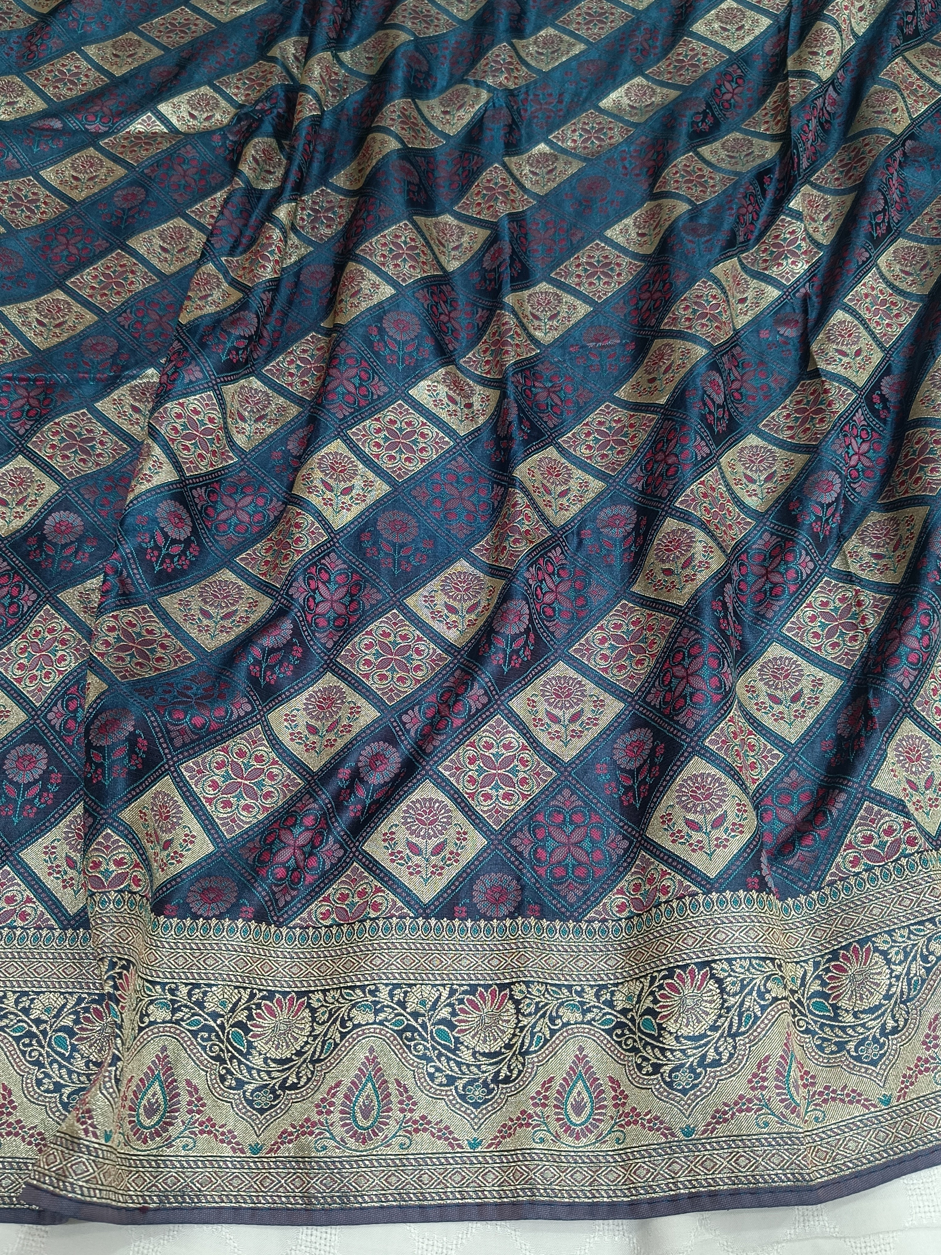 Steel Blue Banarasi Satin Silk Saree with Intricate Square Floral Weaving