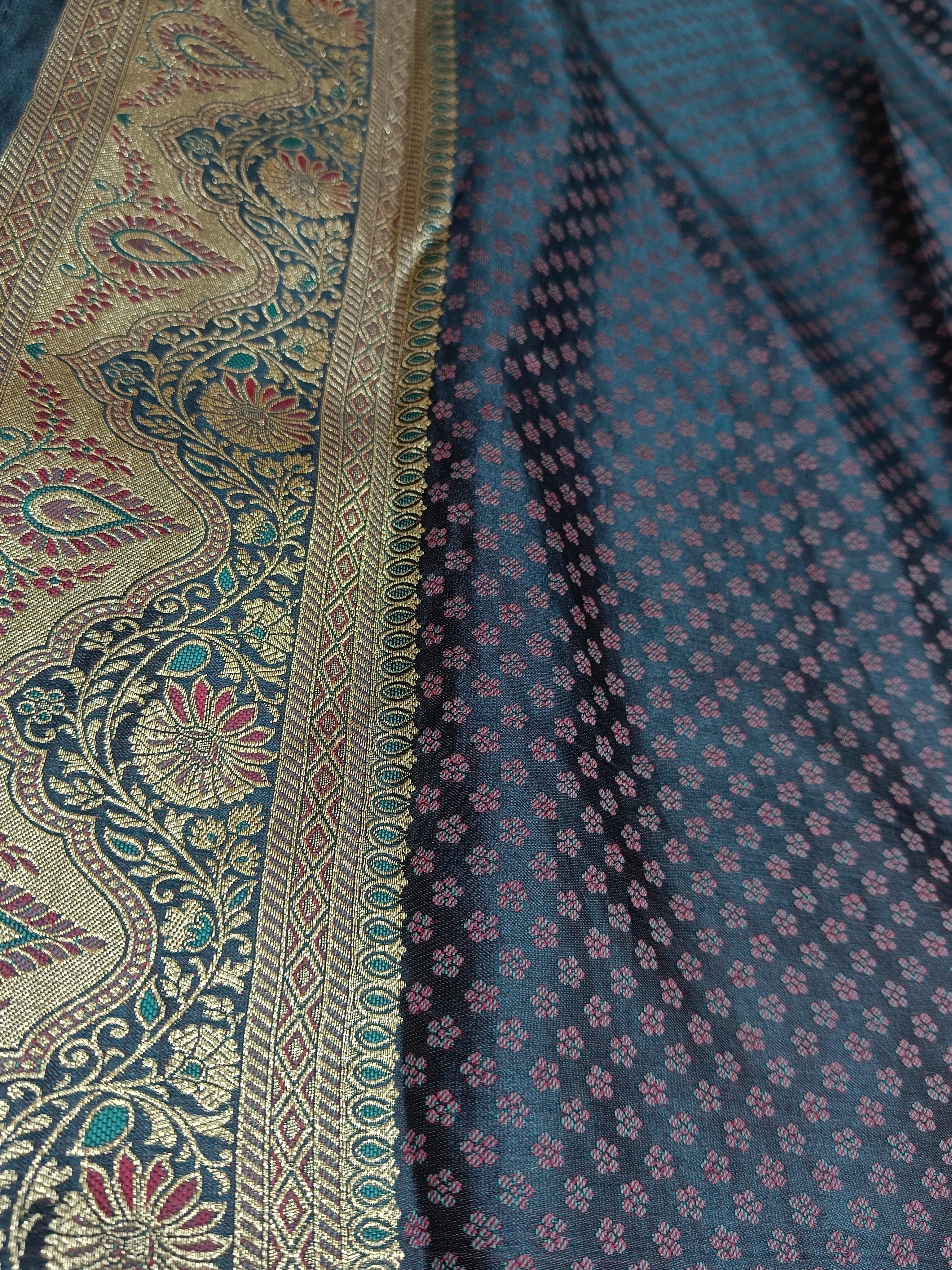Steel Blue Banarasi Satin Silk Saree with Intricate Square Floral Weaving