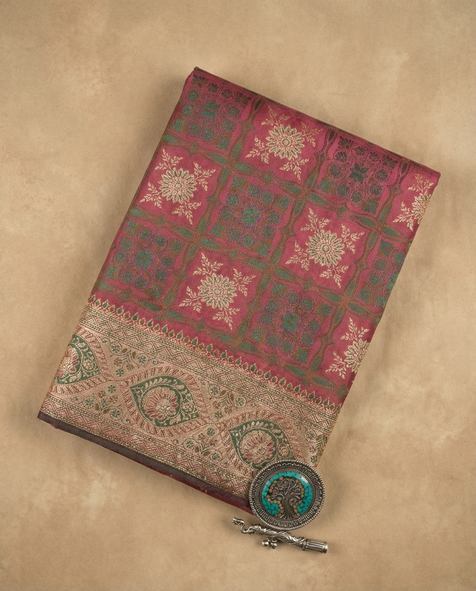 Regal Maroon & Antique Gold Banarasi Satin Silk Saree