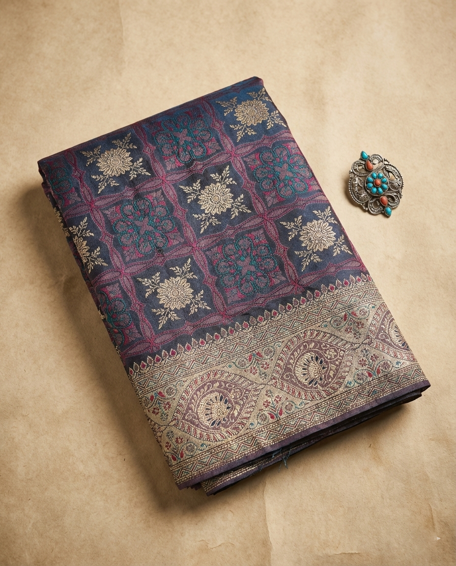 Midnight Blue & Teal Banarasi Satin Silk Saree