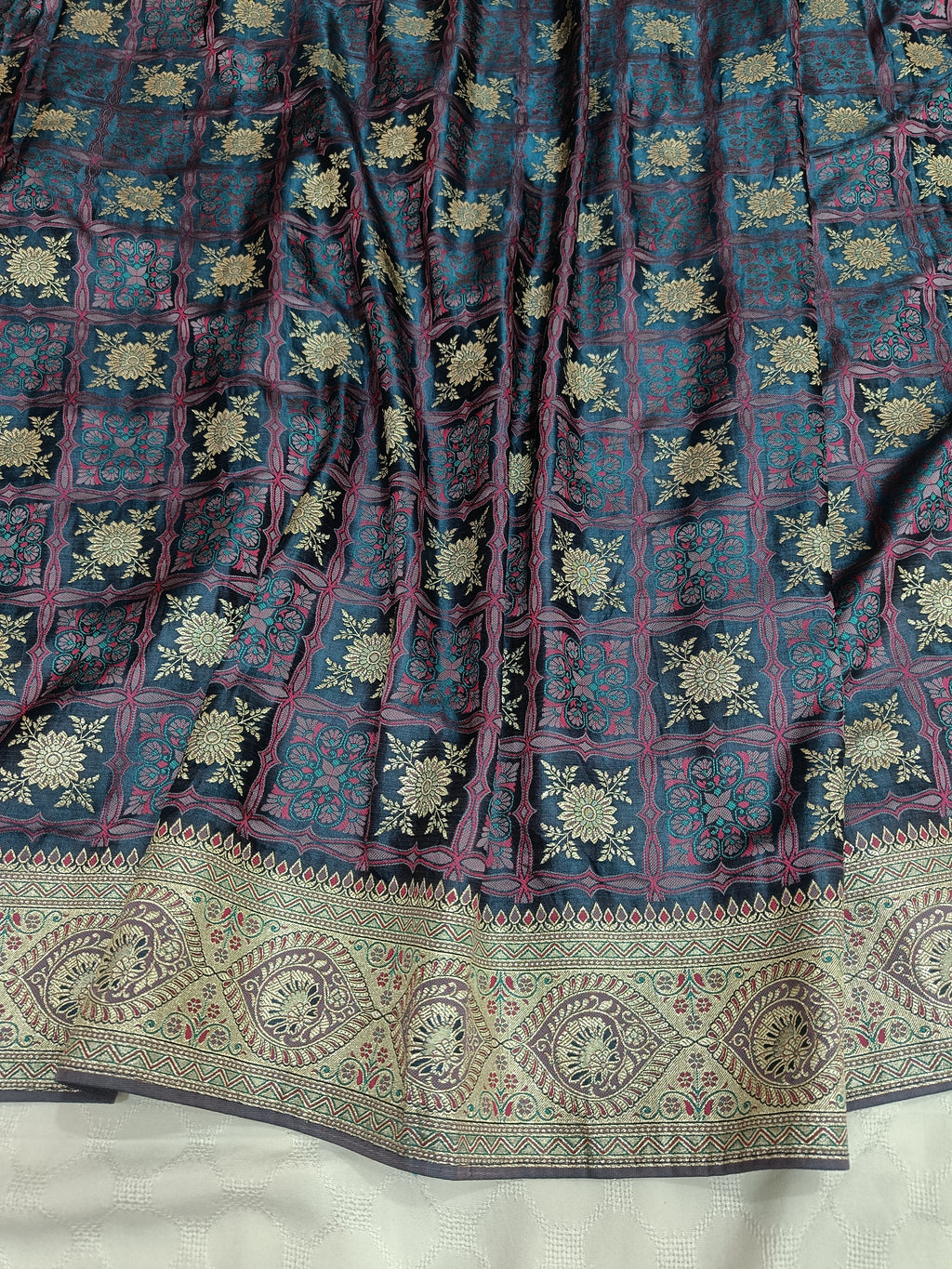 Midnight Blue & Teal Banarasi Satin Silk Saree