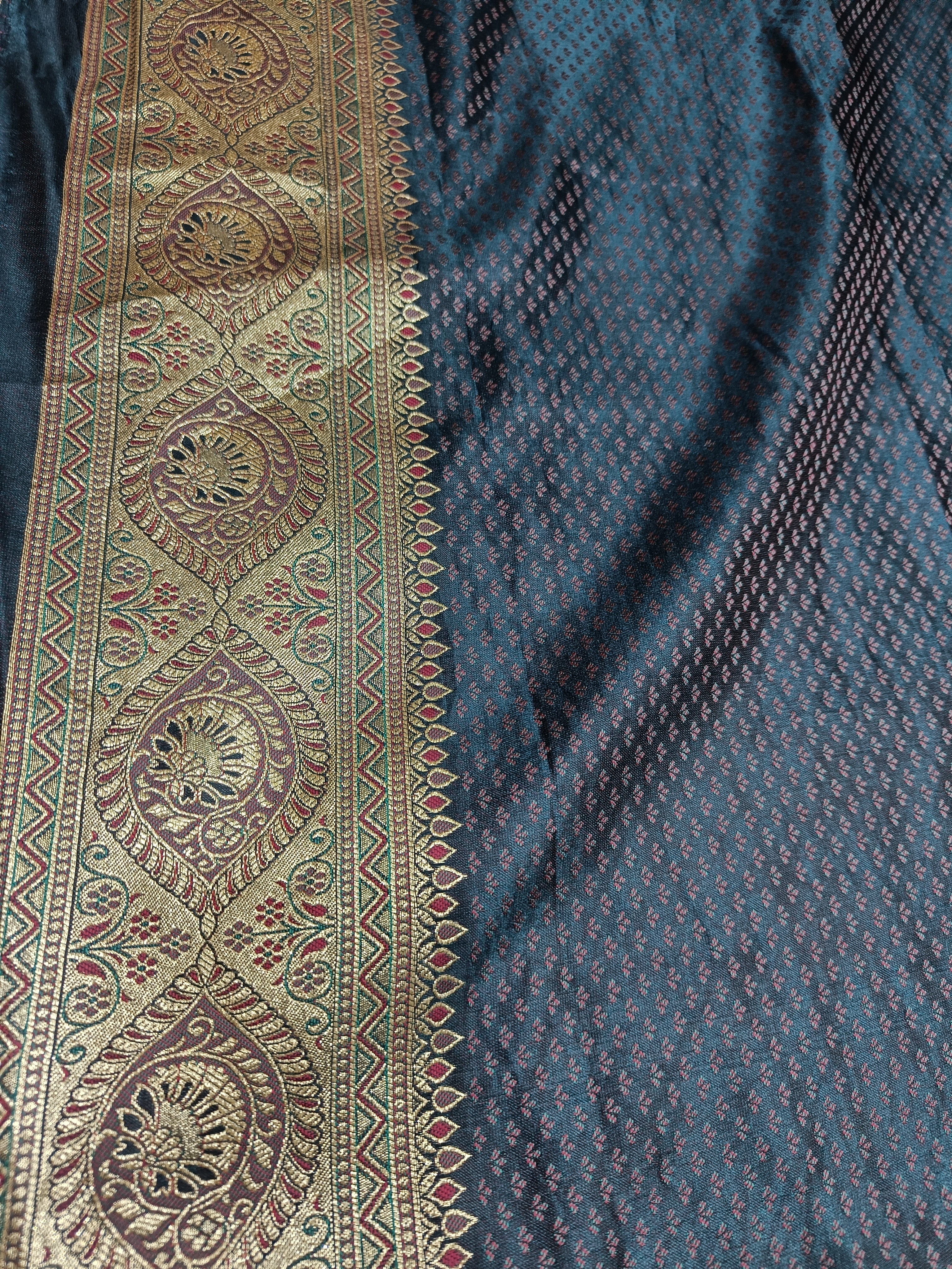 Midnight Blue & Teal Banarasi Satin Silk Saree