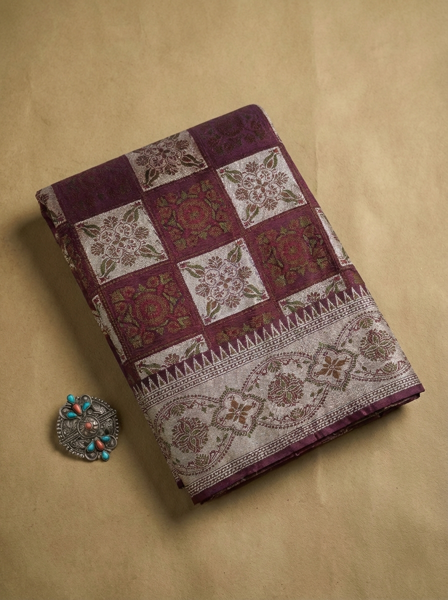 Burgundy & Silver Checkerboard Banarasi Satin Silk Saree