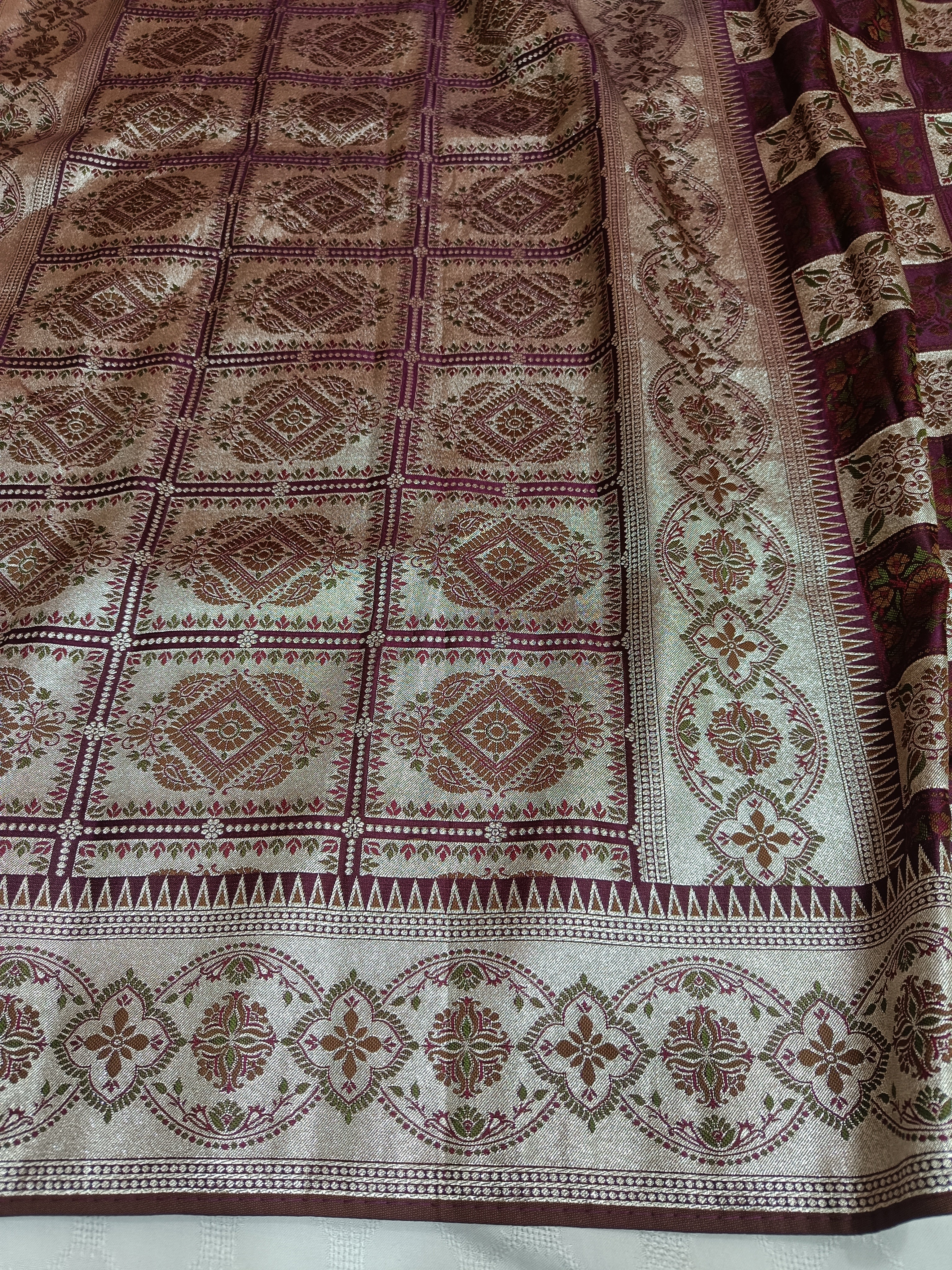 Burgundy & Silver Checkerboard Banarasi Satin Silk Saree