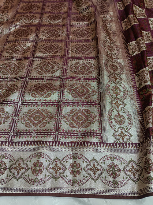 Burgundy & Silver Checkerboard Banarasi Satin Silk Saree