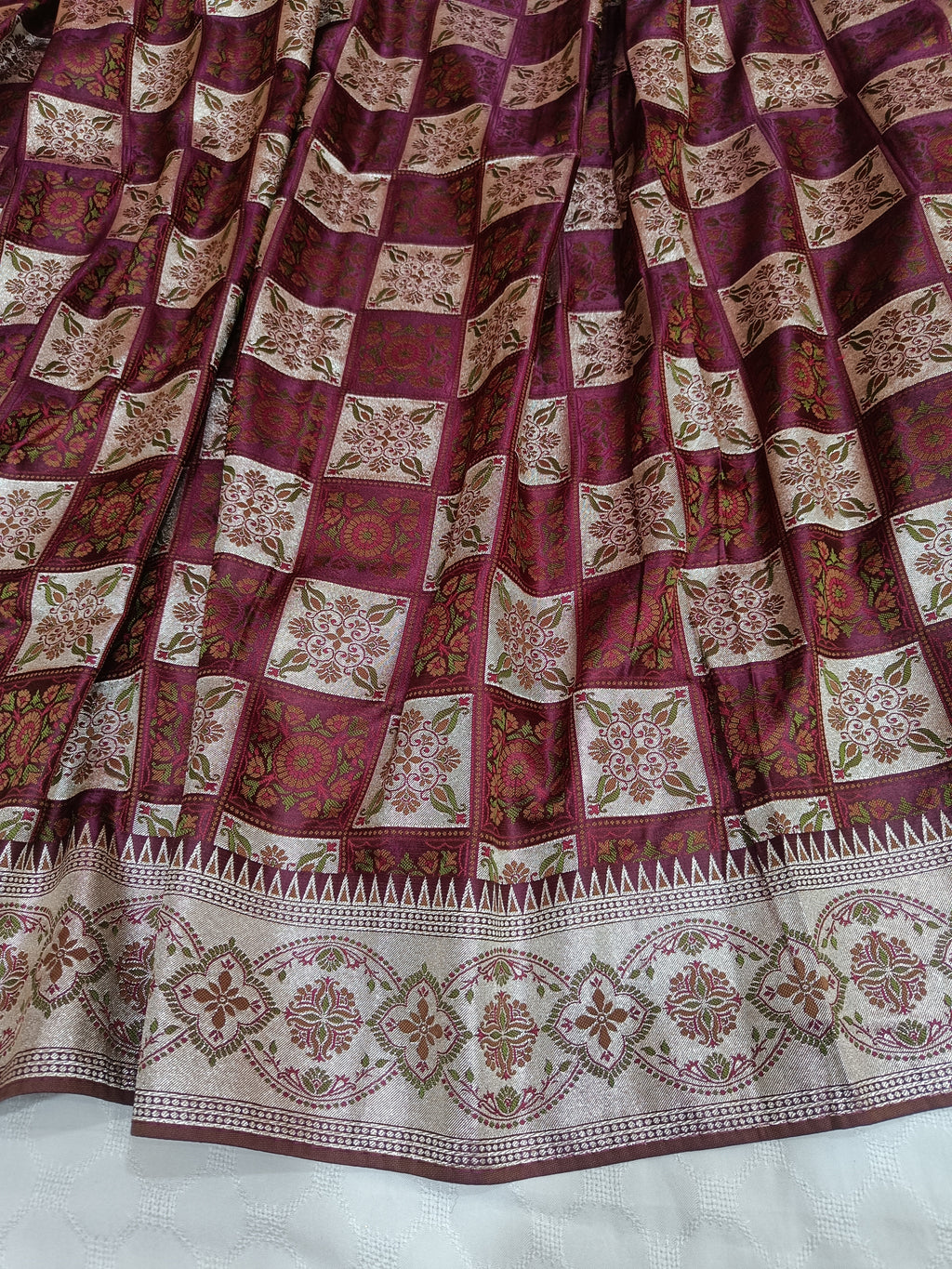 Burgundy & Silver Checkerboard Banarasi Satin Silk Saree