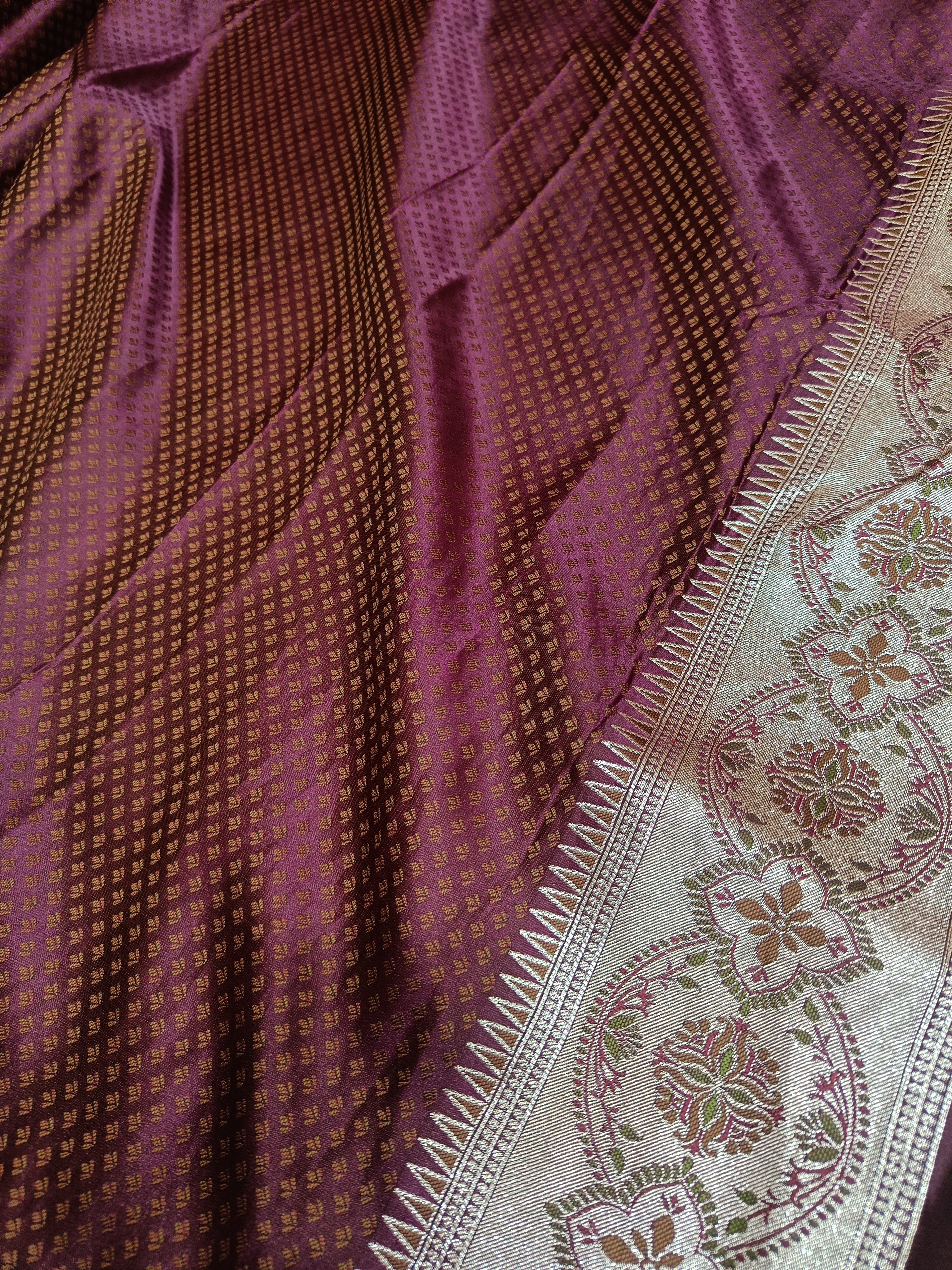 Burgundy & Silver Checkerboard Banarasi Satin Silk Saree