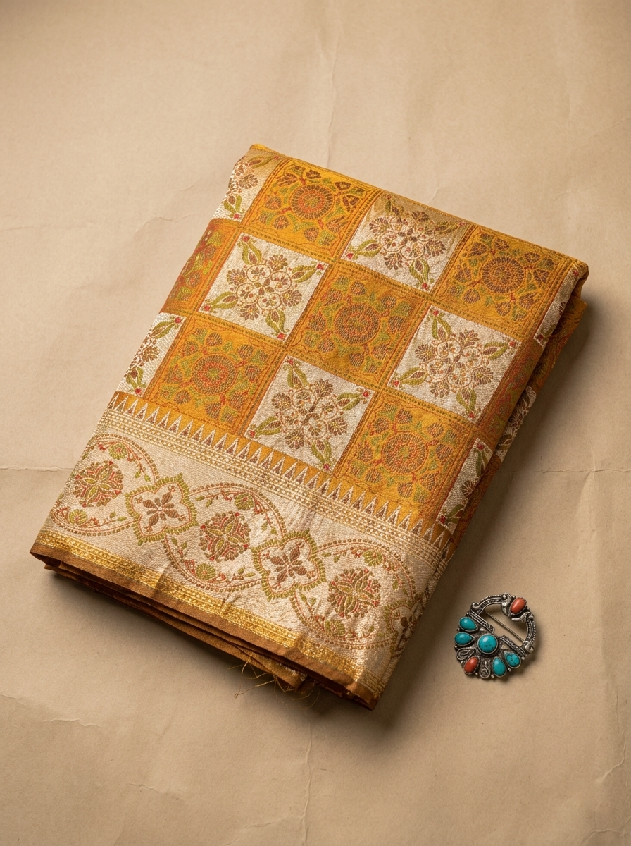 Golden Yellow & Cream Checkerboard Banarasi Satin Silk Saree