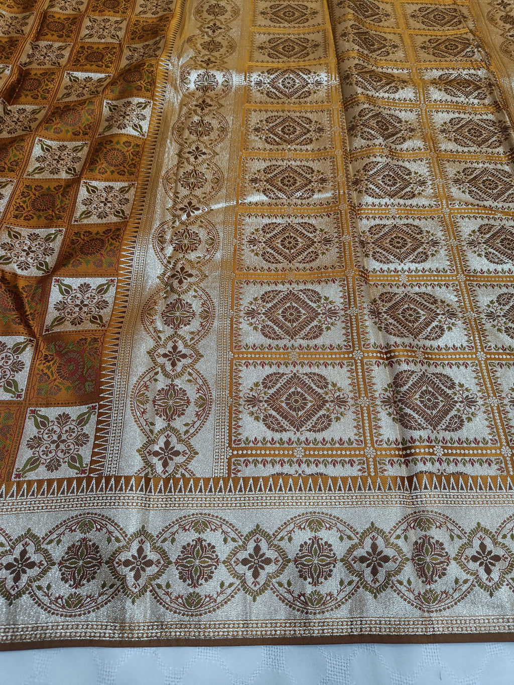 Golden Yellow & Cream Checkerboard Banarasi Satin Silk Saree