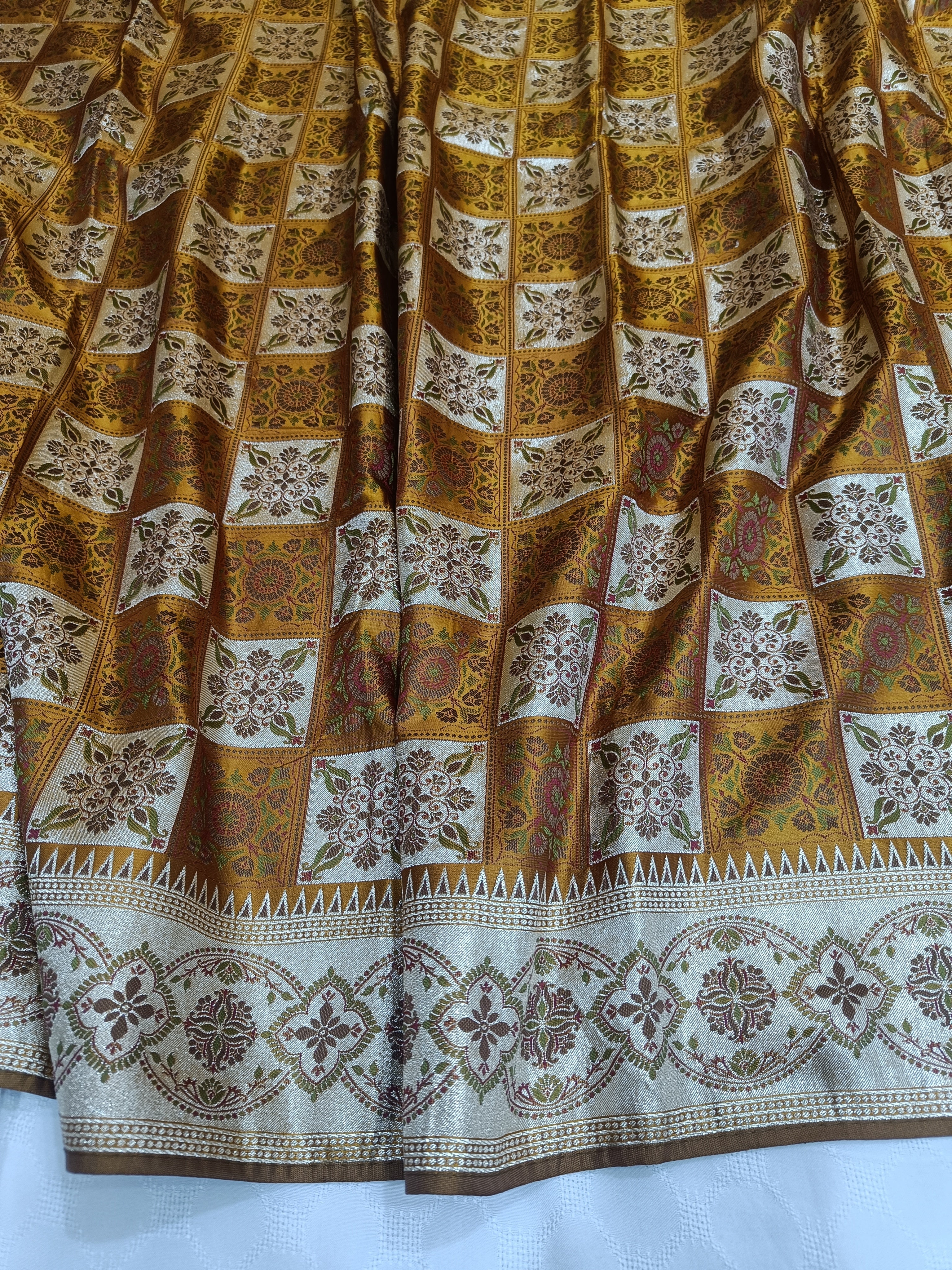 Golden Yellow & Cream Checkerboard Banarasi Satin Silk Saree